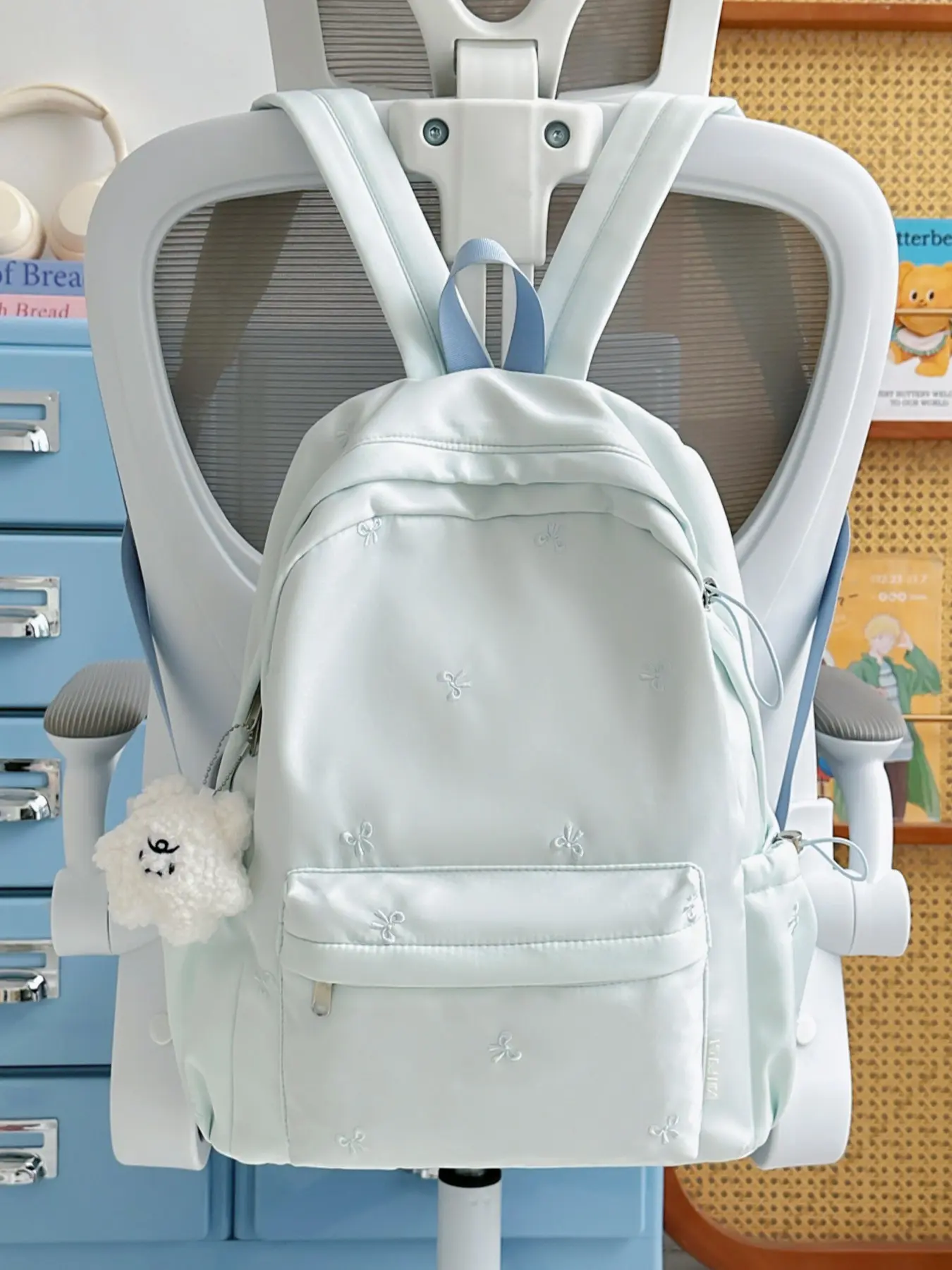 1pc Light Mint Green Embroidery Tiny Bow Embroidered Backpack Fluffy Cloud Plush Charm Front Pocket Side Pocket Large Daypack For Girls Student Commute Bag