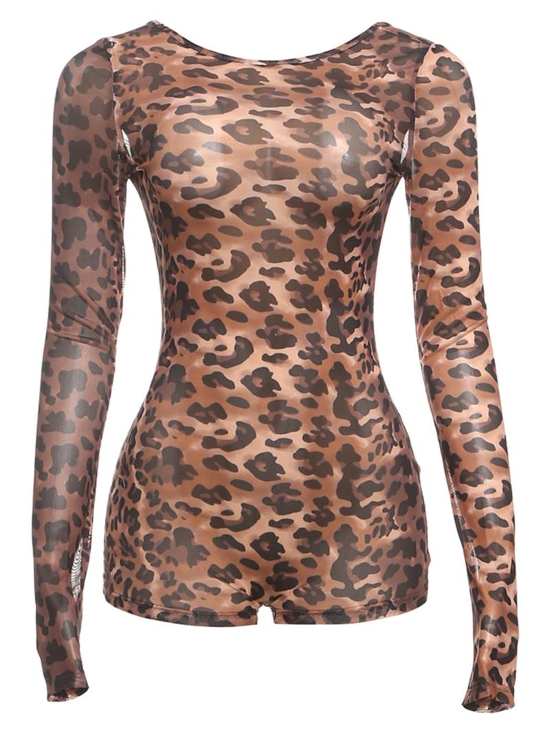 Women's Leopard Print Romper, Leopard Print Jumpsuit, Fashion Lady Casual Long Sleeve Bodycon Romper for Daily Outdoor Wear, Women Romper for Summer, Womenswear