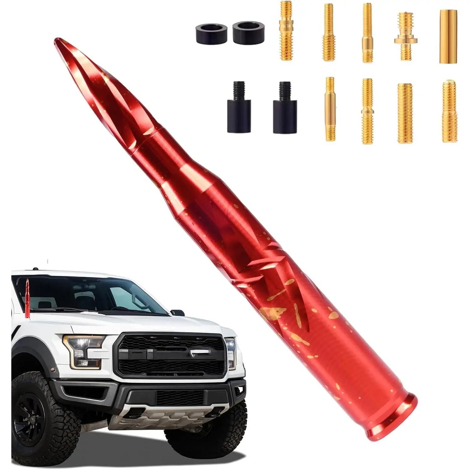 Bullet Antenna 50 Cal Bullet Car Truck Antenna Truck Accessories Silverado 1500 F150 F250 F350 Ram 1500 GMC Sierra 1500 Ranger Short Replacement Antena (Red, 5.5inch)