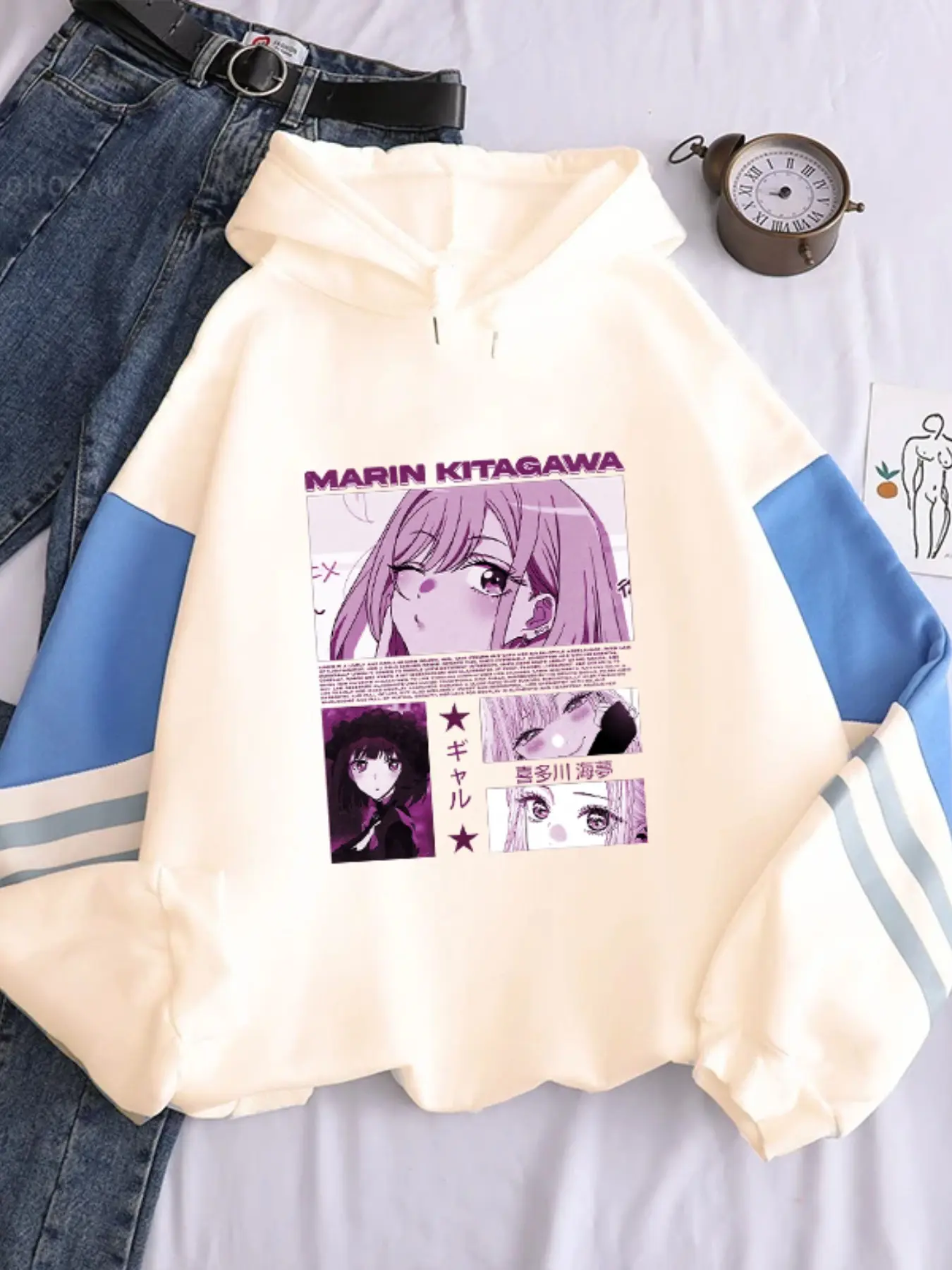 Four-Panel Comic Panel Human Portrait Reflective Long Sleeve Hoodie, Unisex Thick Silver Fox Fleece Anime Nightwear, Fall & Winter Warm Top