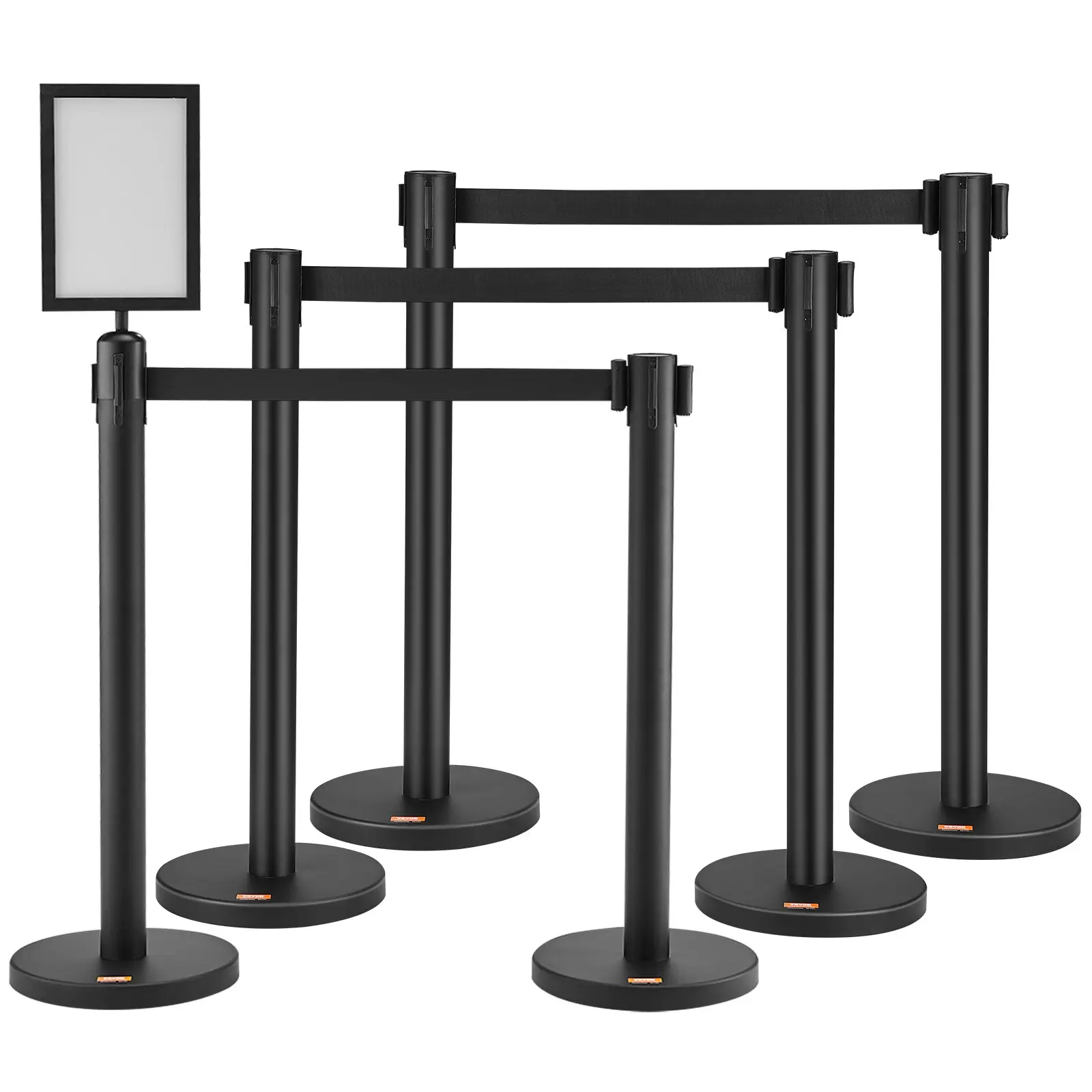 VEVOR Crowd Control Stanchions, 6-Pack Crowd Control Barriers, Carbon Steel Baking Painted Stanchion Queue Post with Sign Holder 3PCS 6.5FT Retractable Belt, Belt Barrier Line Divider, Easy Assembly
