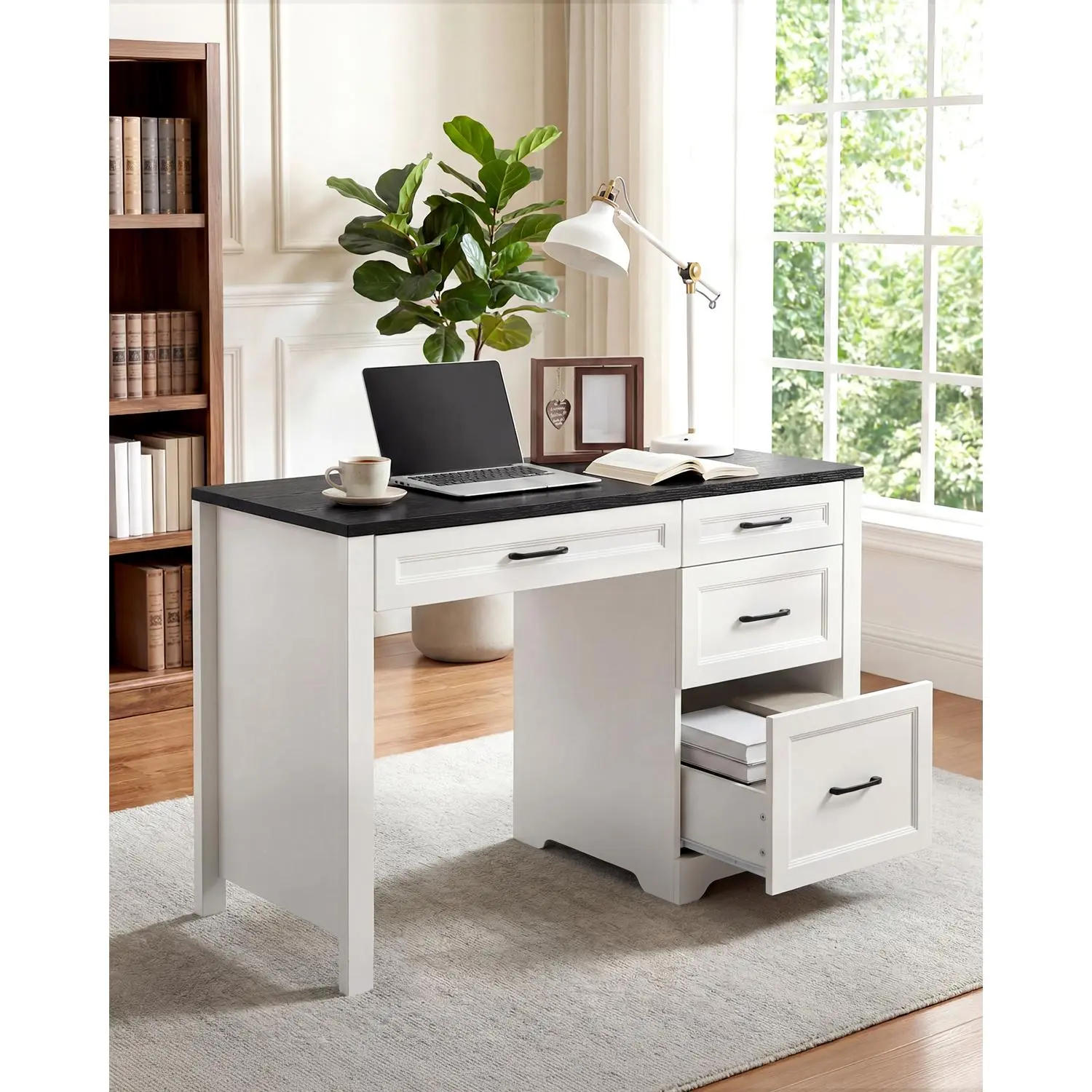 Farmhouse Executive Desk with File Cabinet & Storage Drawers, Space-Saving Small Home Office Desk for Bedroom