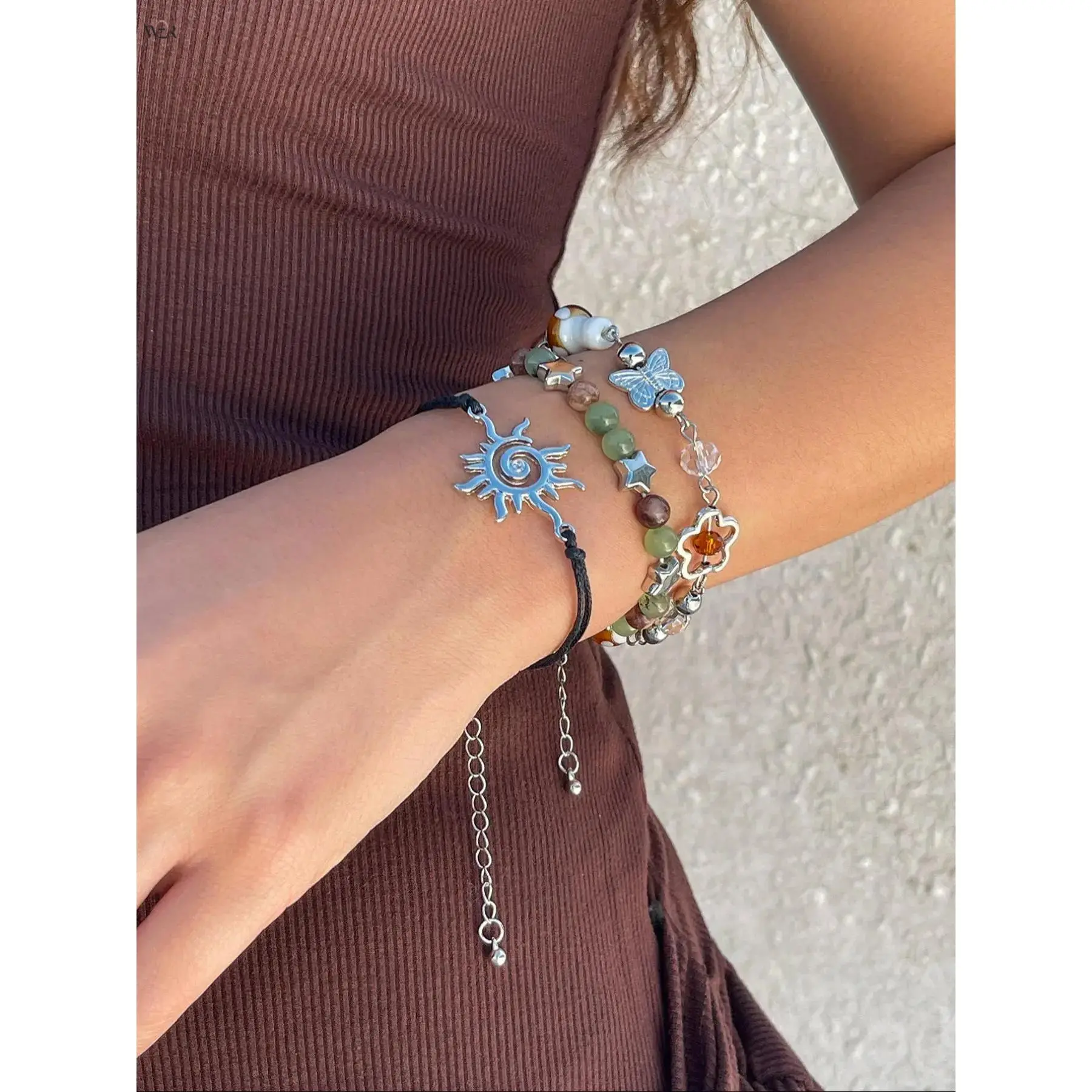 3Pcs Cottagecore Stackable Bracelet Set Natural Stone Star Beads Mushroom Butterfly Sun Charm Adjustable Extension Chain Y2K Boho Layered Wrist Jewelry Teen Girls Casual Fashion Gift