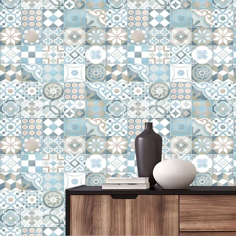 Light Blue White Tile Peel And Stick Wallpaper,Vintage Geometric Floral Tile Removable Self Adhesive Paper,No Residue Easy Install Contact Paper,Idea for Bedroom,Kitchen,Cabinet,Perfect Gift for Friends,Family, Home Decor Lovers