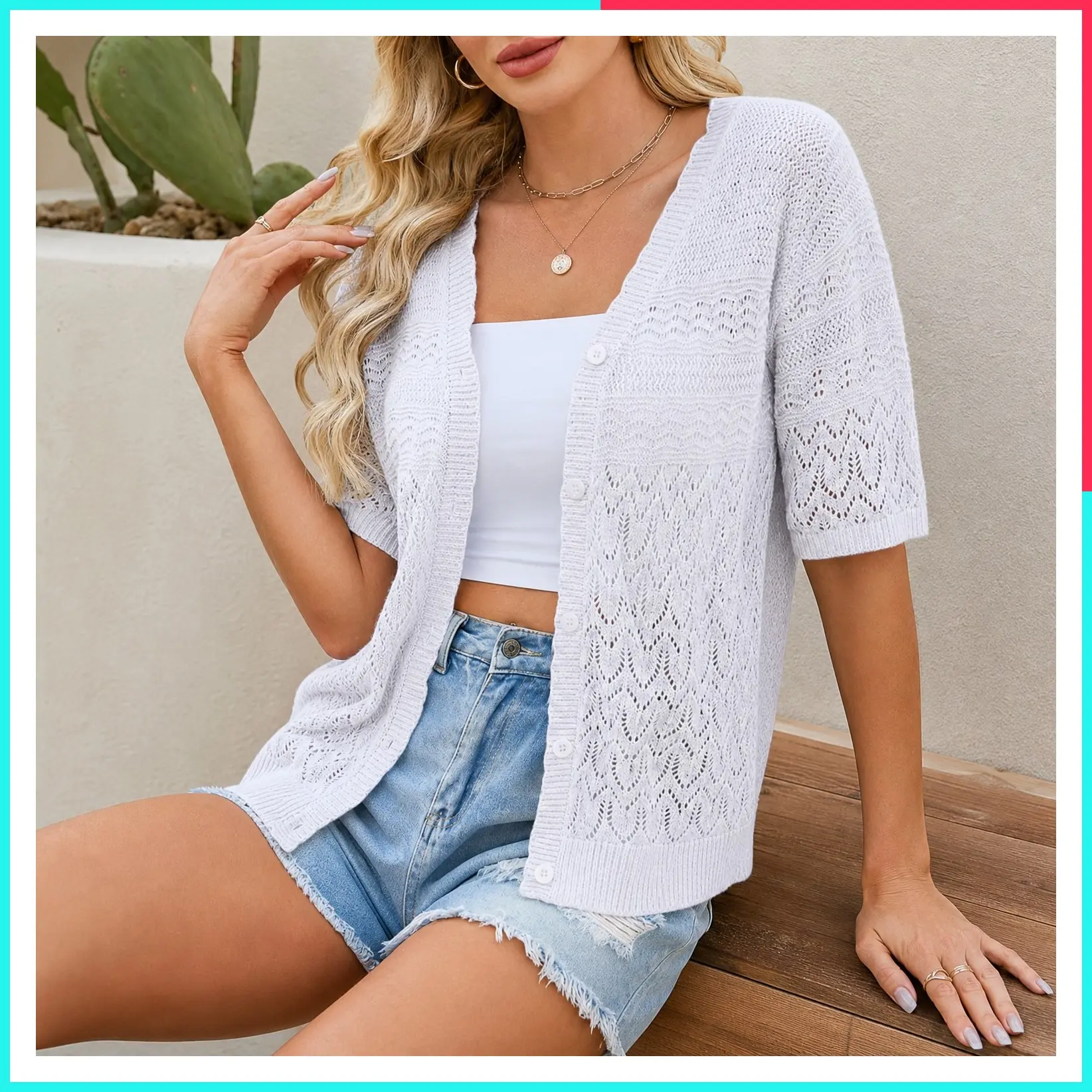 Women's Short Sleeve Crochet Summer Cardigan Cropped Button Sweater Lightweight Shrug for Dress