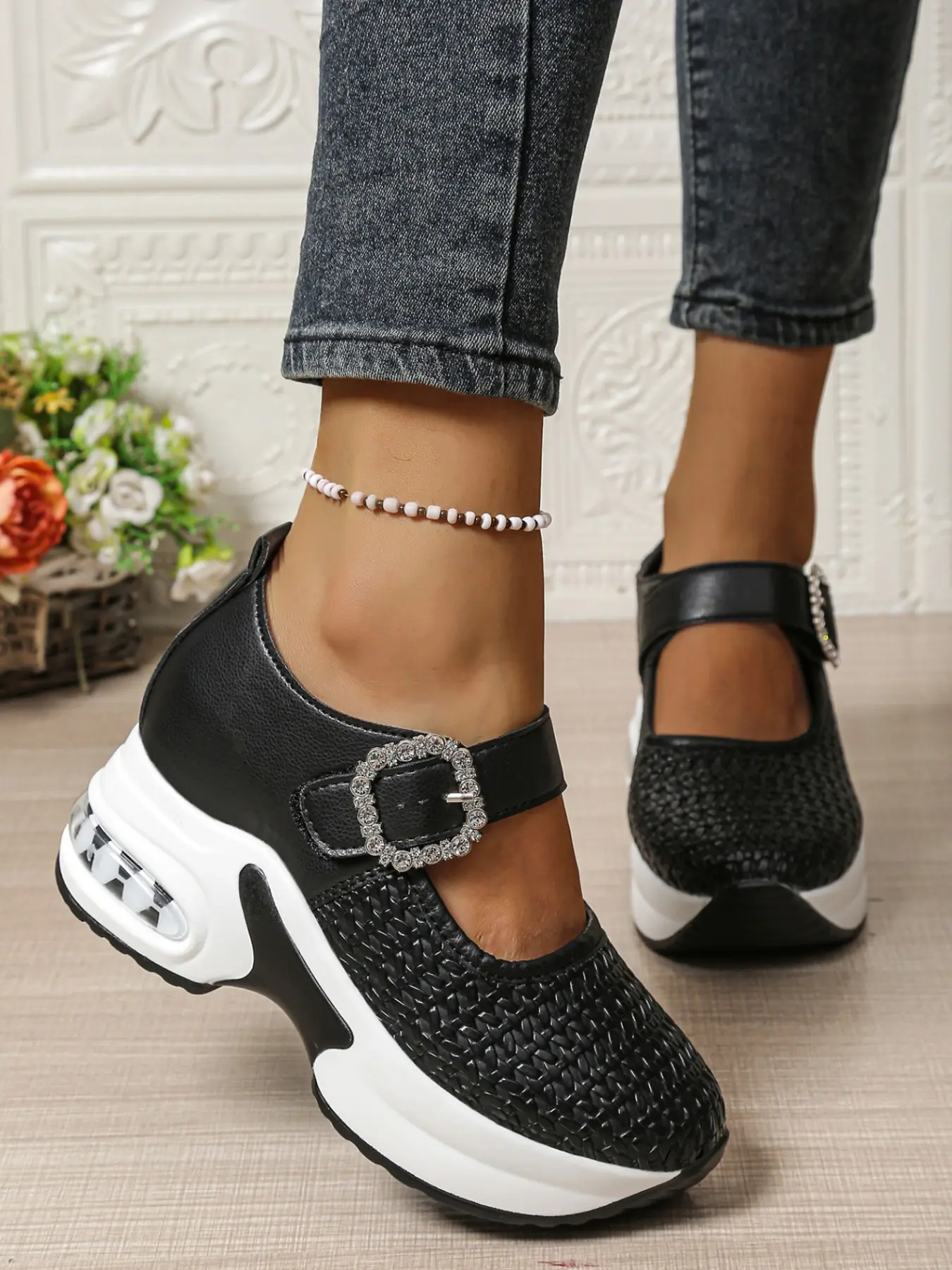 Women's Rhinestone Mary Jane Shoes, Adjustable Buckle Thick Sole Shock Absorption, Casual Sporty Outdoor Shoes for Spring Summer