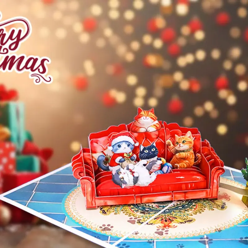 Christmas Sofa Cat 3D Card, Multiple Cute Cats Wearing Santa Hats, Christmas Tree Design, Perfect Gift for Cat Lovers, Trendy Holiday Decor