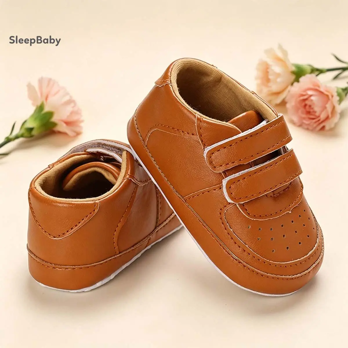 Unisex Baby Casual Dress Shoes, Faux Leather Breathable Perforated Toe Cap, Double Adjustable Hook‑Loop Straps For Easy On And Off, Soft Non‑Slip Sole