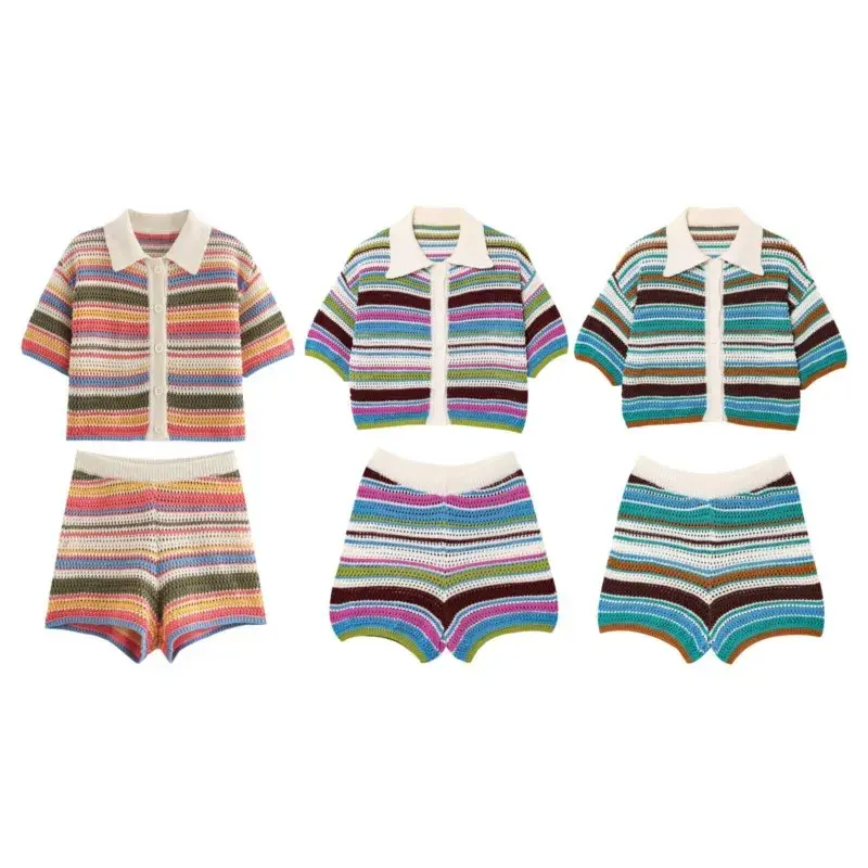 Women's Casual Striped 2 Piece Outfit, Retro Crochet Shortsleeve Top and Fitted Shorts Set