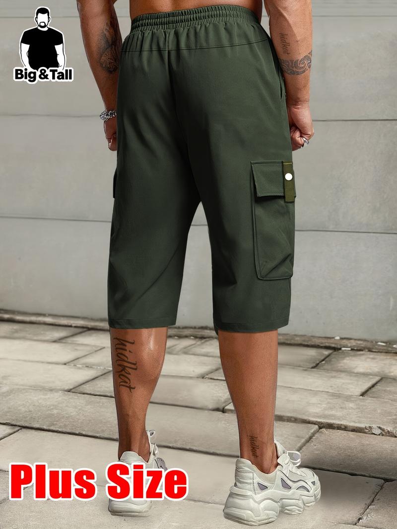 Men'S Plus Size Summer Lightweight Cargo Pants - Casual Cargo Style with Drawstring Waist, Large Pockets & Letter Patch, Solid Color Regular Fit for Casual Attire & Outdoor Activities, PLUS SIZE