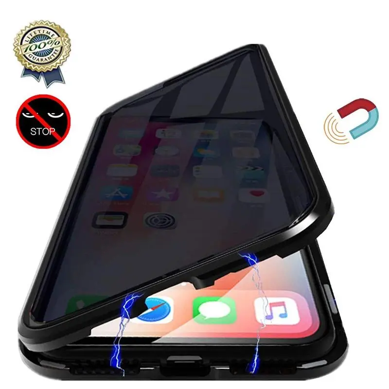 Anti-peeping Magnetic Tempered Glass Cases for iPhone 17 16e 16 15 14 11 12 13 Pro X XS Case Privacy Metal Bumper Cover Coque SE