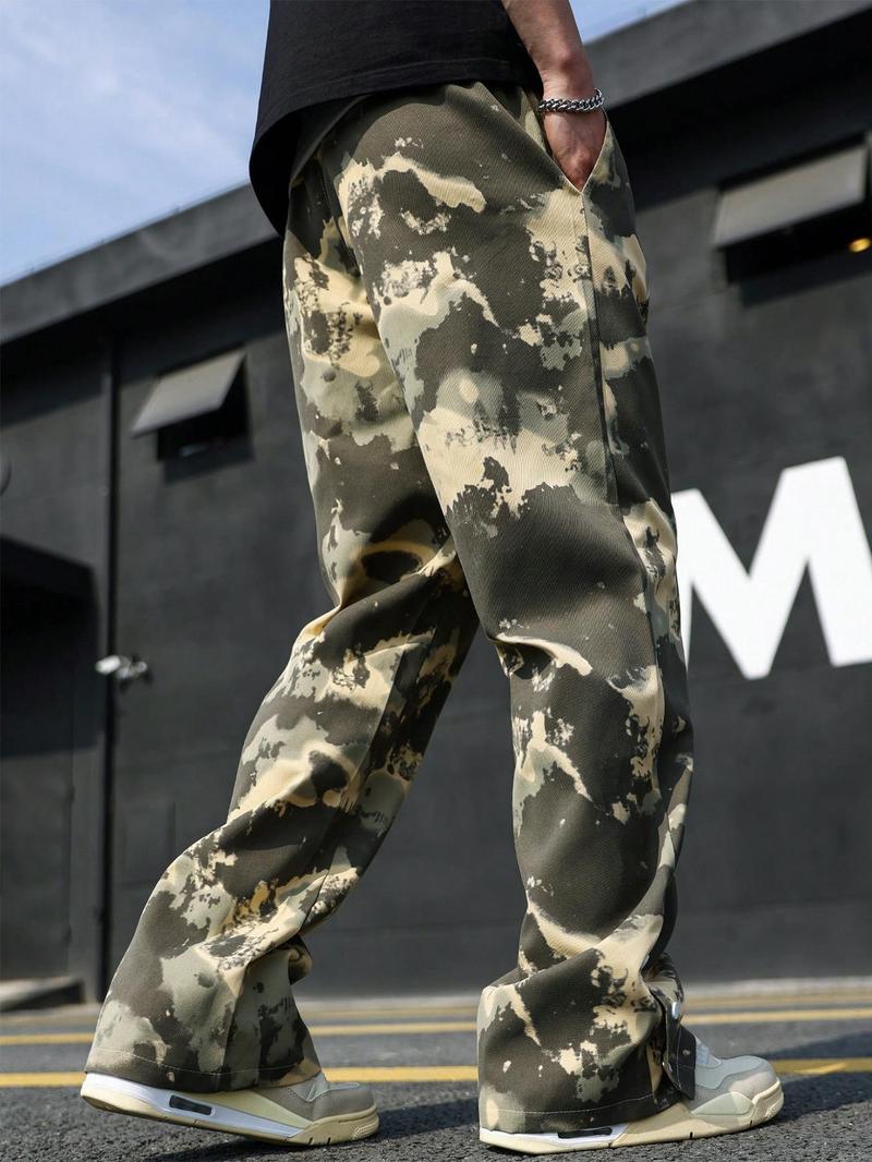 Menswear Loose Camo/Tree Print Drawstring Waist Pants, Casual Outdoor Pants, Casual Street Fashion Button Design Pocket Trousers for Daily Wear, Mens Bottoms for All Seasons, Earthtone Fallfreshness, Fall Gift