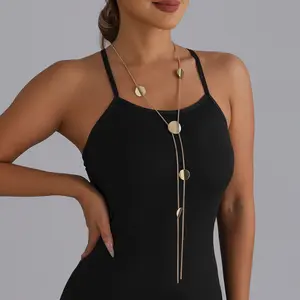 Minimalist Polished Disc Slider Y Lariat Long Necklace Thin Snake Chain Adjustable Gold Metal Body Chain For Women