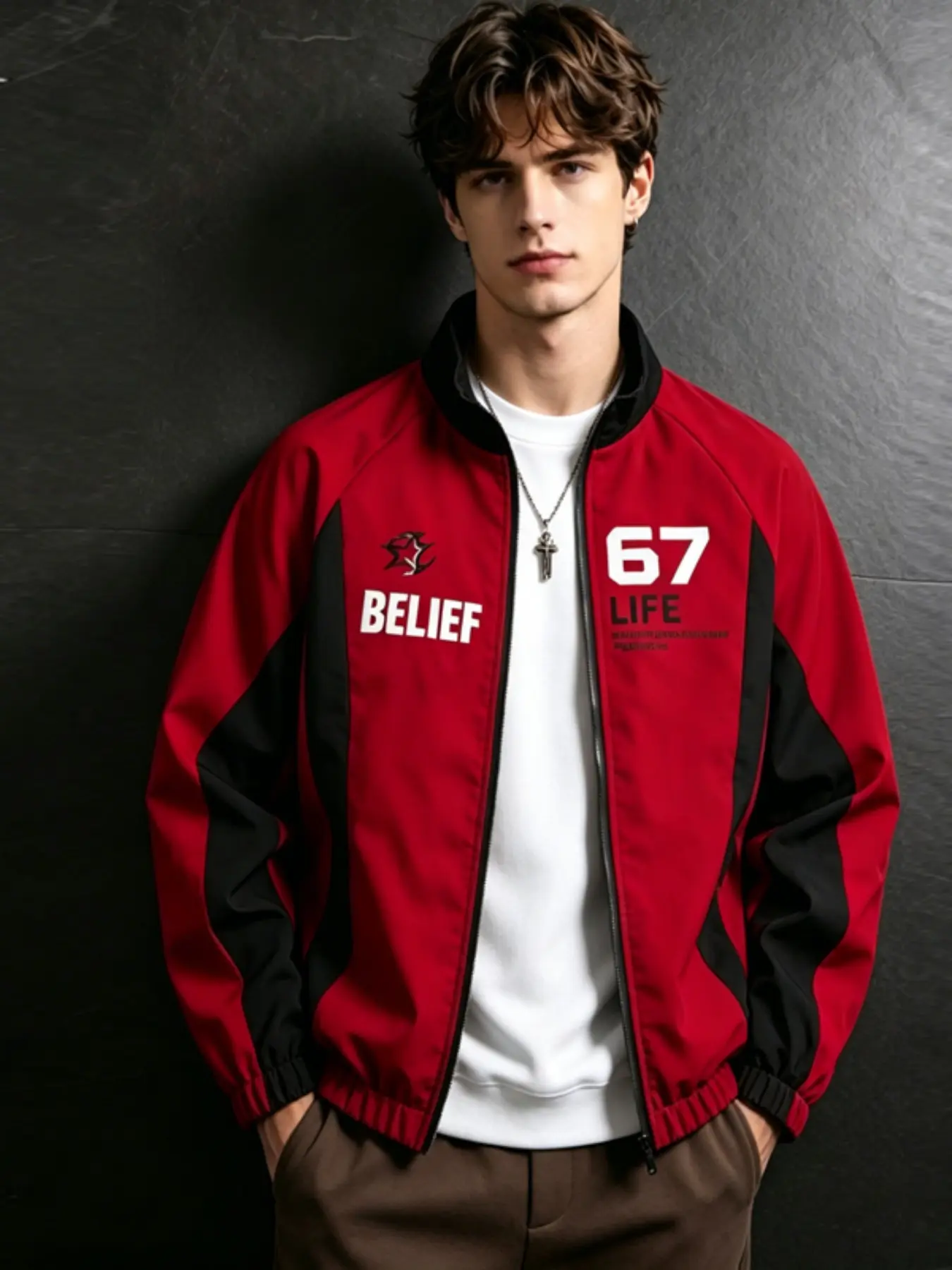 Men's Colorblock Sporty Stand Collar Jacket, Digital Print Windproof Hoodie, Loose Fit Baseball Shirt, Outdoor Fitness Running Top