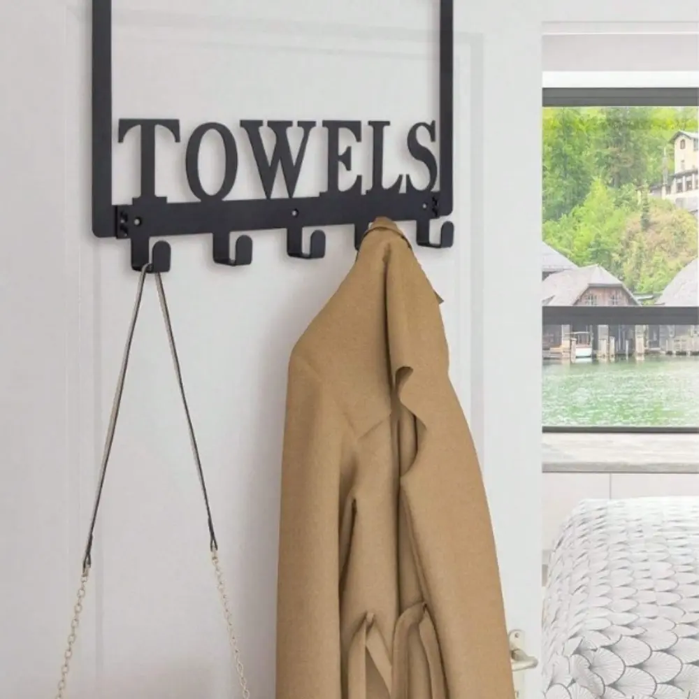 Black Letter Iron Towel Rack Wall Mounted, Rust Proof Space Saving Door Hook, Bathroom Bedroom Multi-Purpose Hanging Storage Organizer
