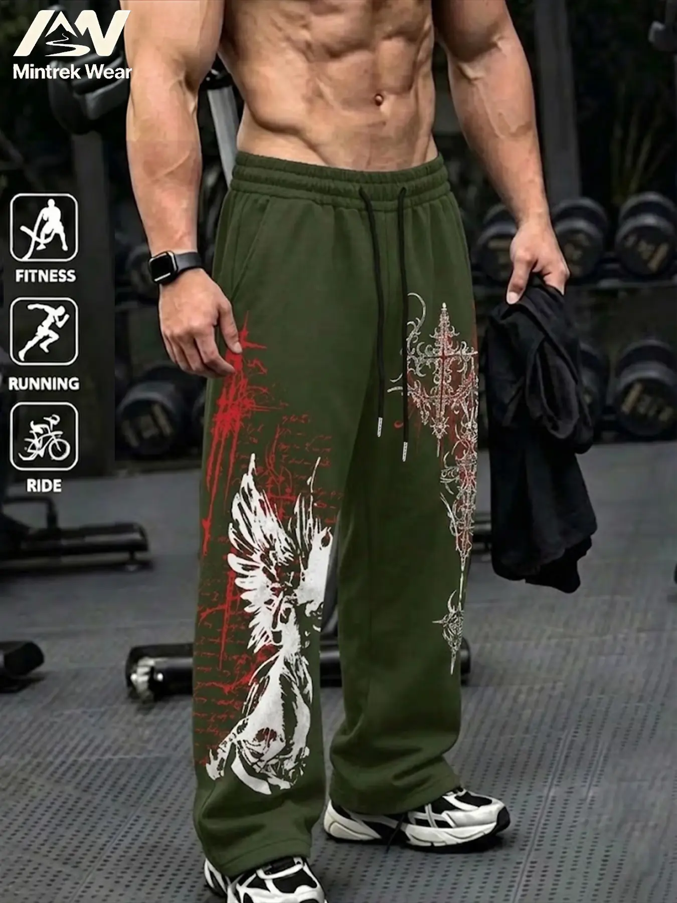 Dark Retro Angel Thorn Cross Print Drawstring Wide Leg Sweatpants, Elastic Waist, Loose Fit, Men's Fitness Running Casual Long Pants