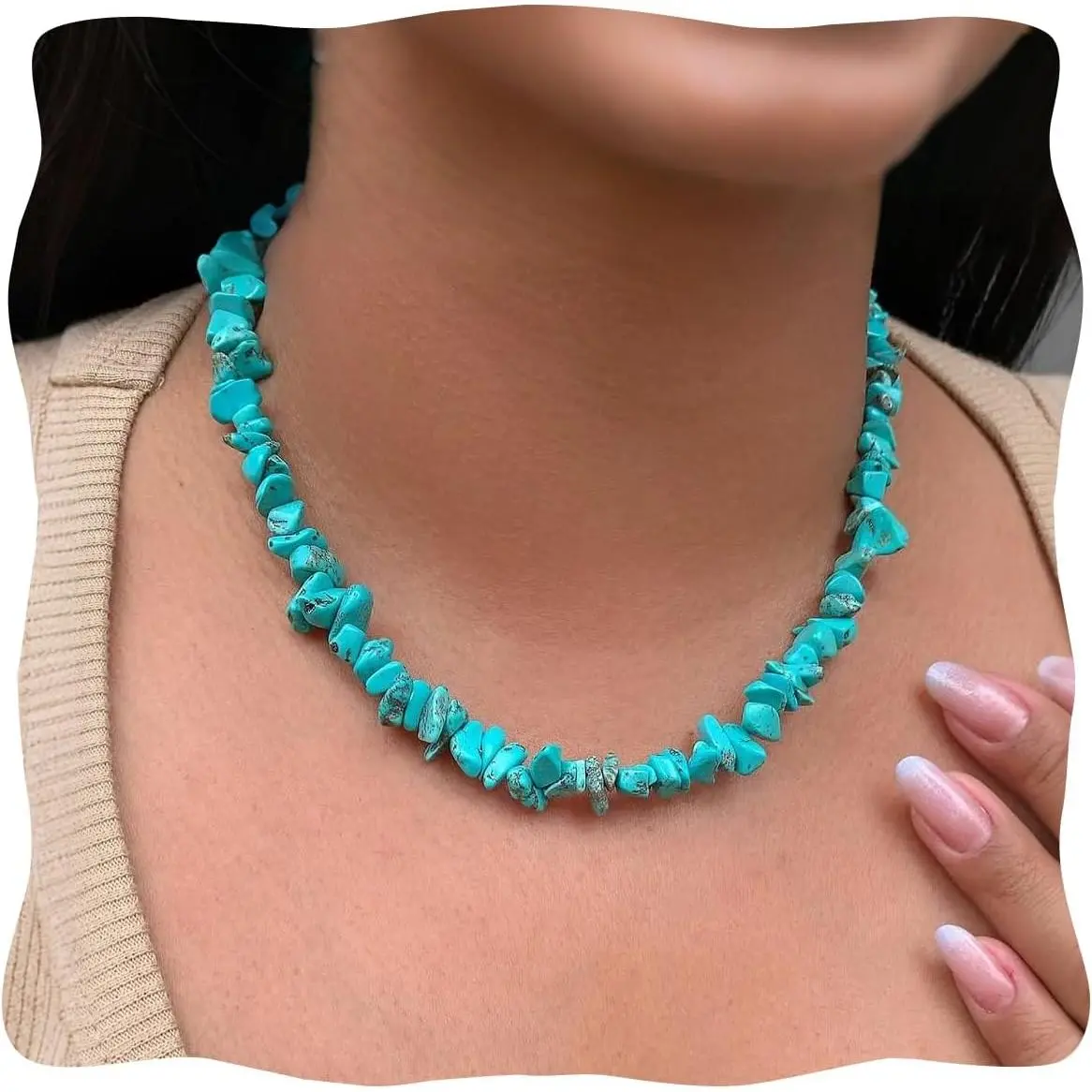 Raw Turquoise Necklace, Handmade Bohemian Crystal Beaded Necklace for Women, Natural Gemstone Chip Choker Necklace