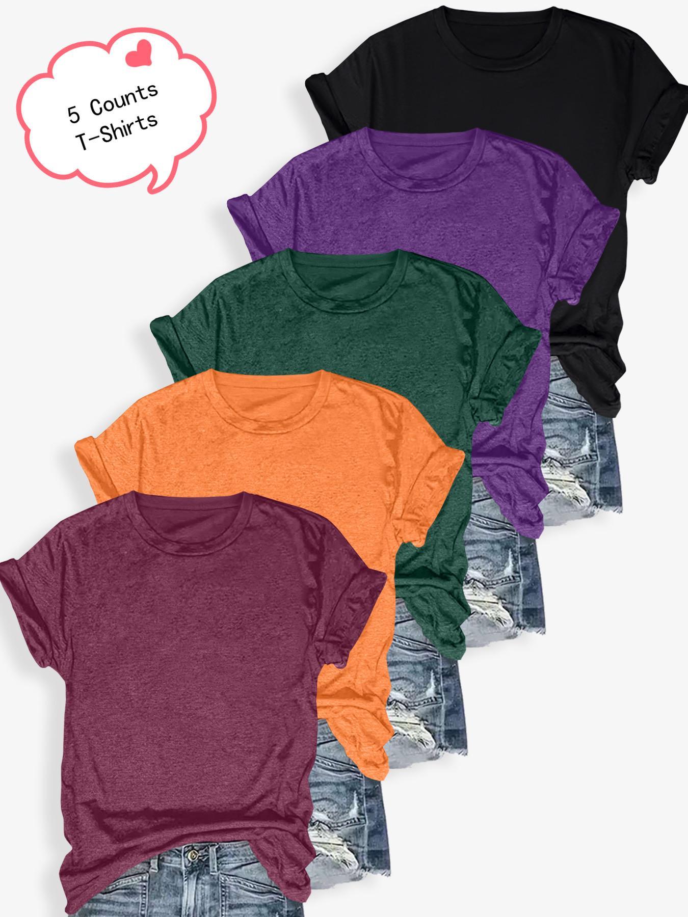 Women's Solid Color Round Neck Tee, Casual Short Sleeve Crew Neck T-shirt for Summer, Ladies Clothes for Daily Wear, Piece