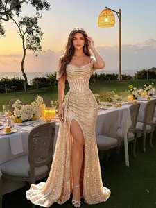 Women's Off-Shoulder Fish Tail Dress with Sequins, Elegant Split Maxi Dress, Detachable Straps, Slim Fit, Perfect for Weddings and Parties