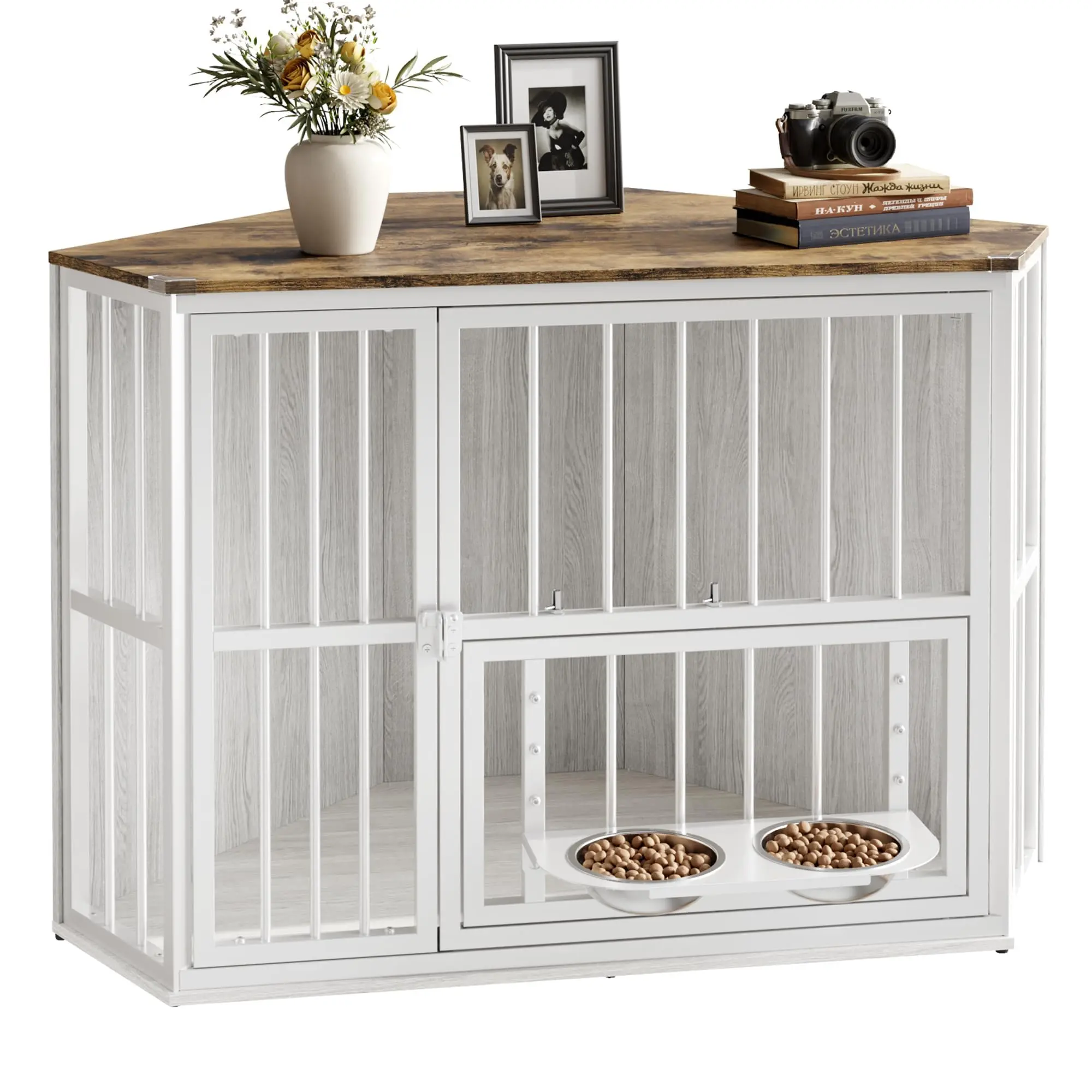 42.5" Corner Dog Crate Furniture, Wooden Dog Kennel with Rotating Feeding System, Side Table Pet Crate for Small Dogs, Washed White