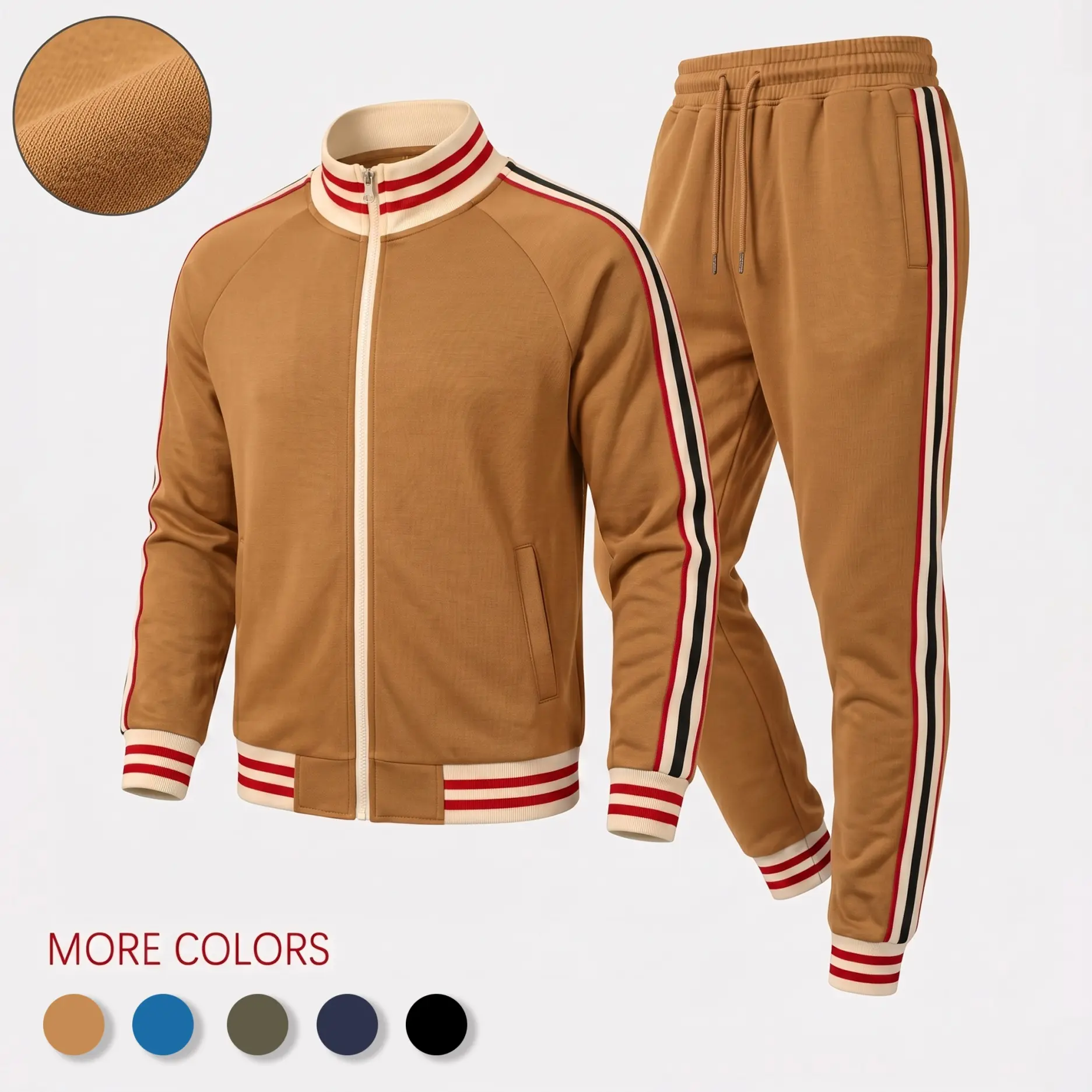 Men’s Retro Stripe Tracksuit Set, Zip Stand Collar Jacket and Drawstring Jogger Pants, Casual Athletic Two-Piece Outfit for Streetwear, Travel, Workout and Daily Wear