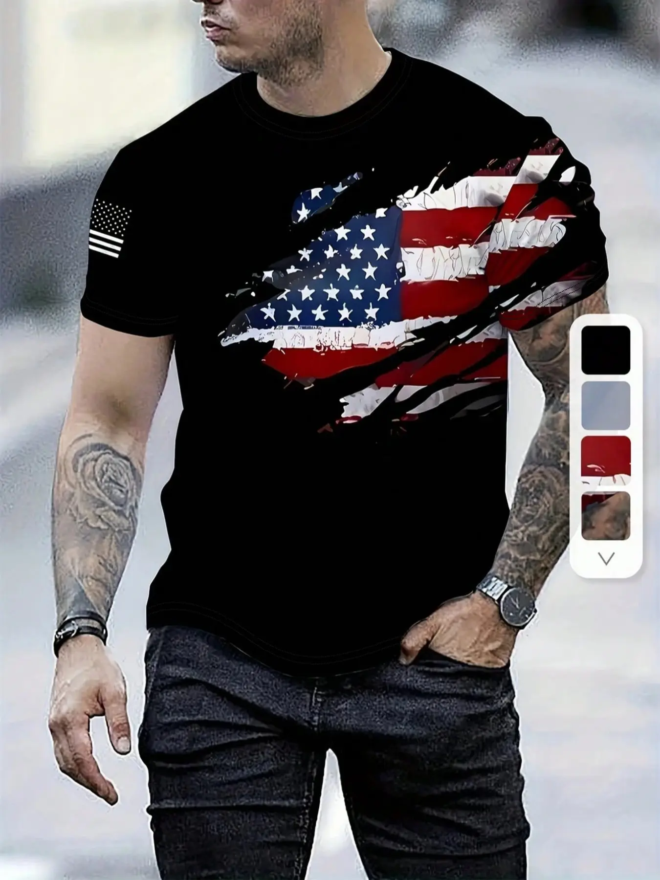 Torn American Flag Print Short Sleeve T-Shirt, Patriotic Vintage Distressed Tee, Unisex Independence Day Streetwear, Round Neck Casual Top