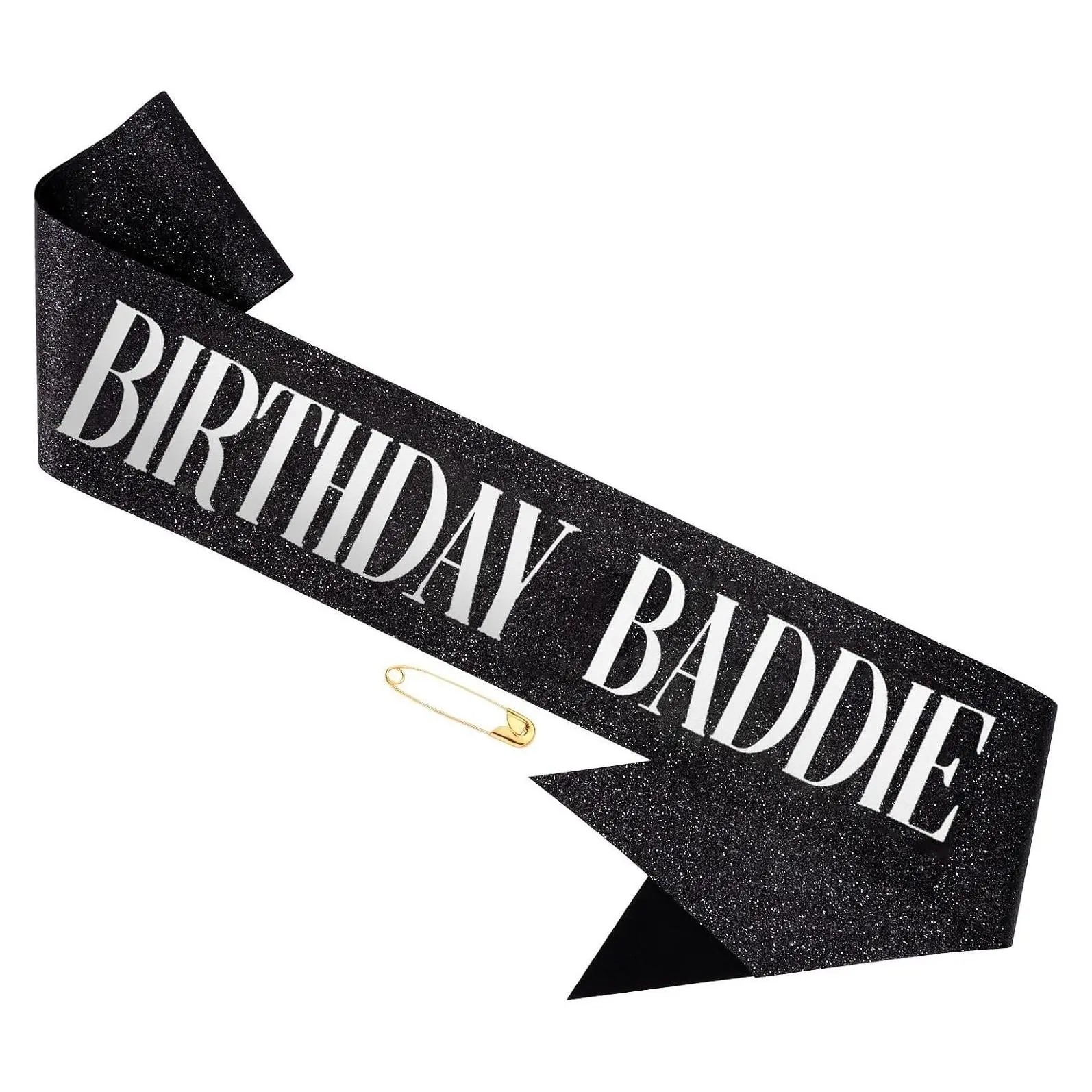 Adjustable & Reusable 'BIRTHDAY BADDIE' Silver Glitter Birthday Sash with Silver Foil for Women Men PartyGift