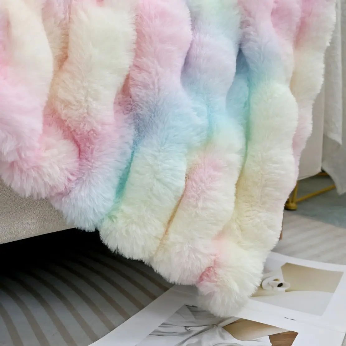Luxury Faux Fur Throw Blanket, Plush Textured Bubble Blanket, Soft Cosy Cover for Sofa and Bed,Gift for Girls Kids and Children (Rainbow, Twin (63" x 79"))