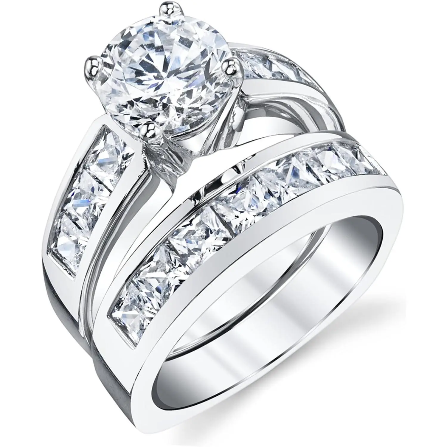 2 Carat Sterling Silver Bridal Set - Cubic Zirconia Engagement Rings, Round Cut & Princess Cut Wedding Ring Bands
