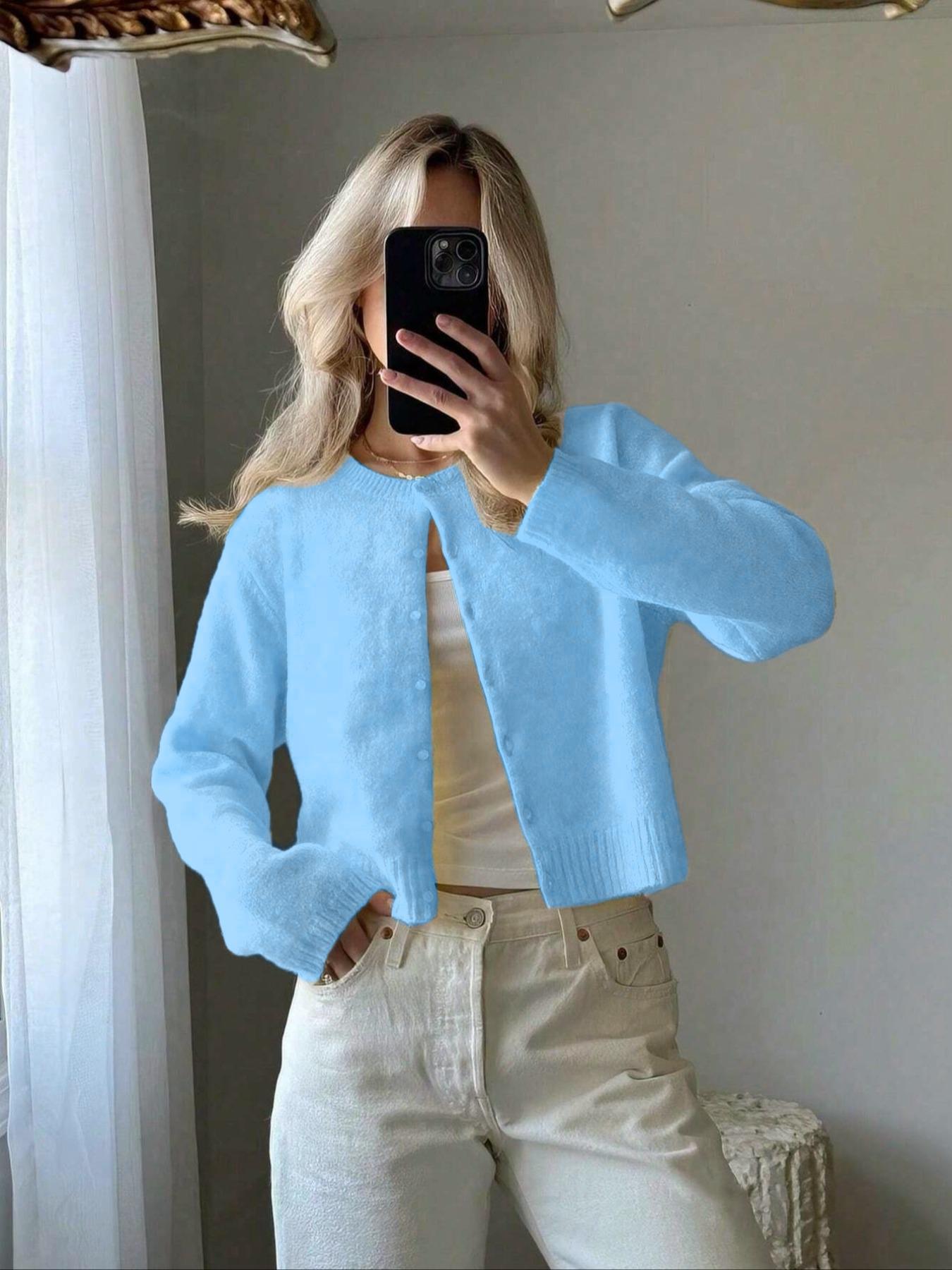 Women's Solid Color Button Front Cardigan, Casual Long Sleeve Knitwear for Spring & Fall, Fashion Women's Knit Clothing for Daily Wear