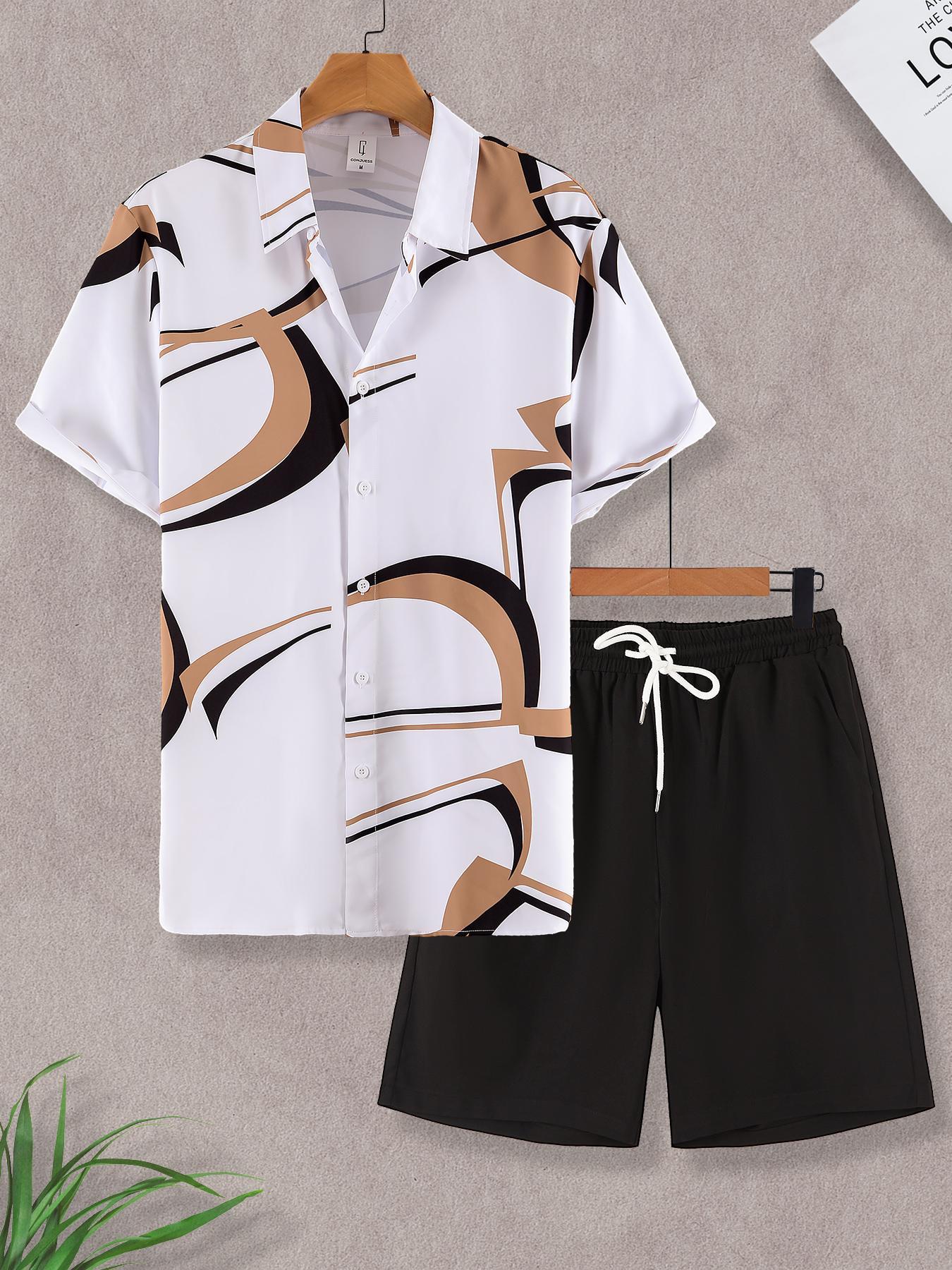 Men's Geometric Print Shirt & Shorts Two-piece Set, Regular Fit Casual Short Sleeve Collared Top & Shorts, Men's Summer Clothes for Beach Vacation