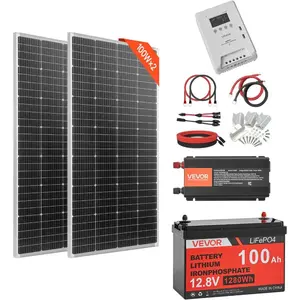 VEVOR 400W 12V Complete Solar Power Kit, 2PCS 200W Monocrystalline Solar Panels+ 12.8V 100Ah LiFePO Battery+ 40A MPPT Charge Controller+ 1000W Power Inverter for RV Home Camping Boats Off - Grid