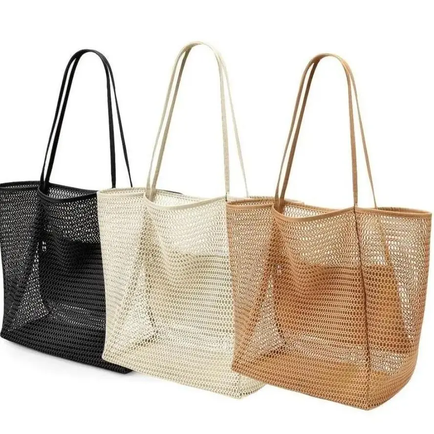 Plain 1 Count High-Capacity Lightweight Polyester PVC Mesh Beach Bag - Foldable Casual Shoulder Tote for Outdoor, Pool Storage