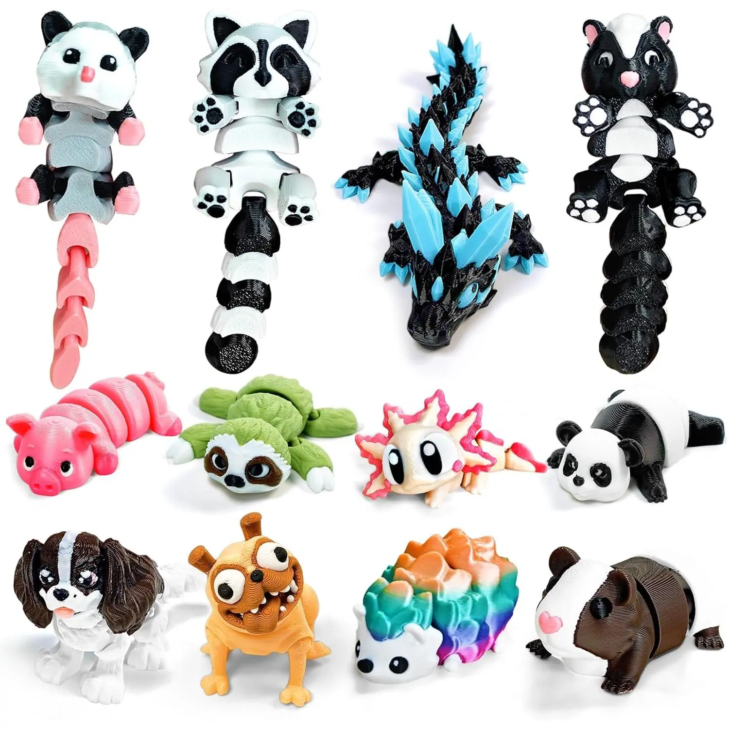 12-Pack 3D Printed Animal Figurines Set, Articulated Posable Desk Companions & Fidget Toys (4"), Creature Collection Dog/Panda/Dragon/Sloth/Raccoon – Office Desk Decor, Party Favors, Giftfidget toys