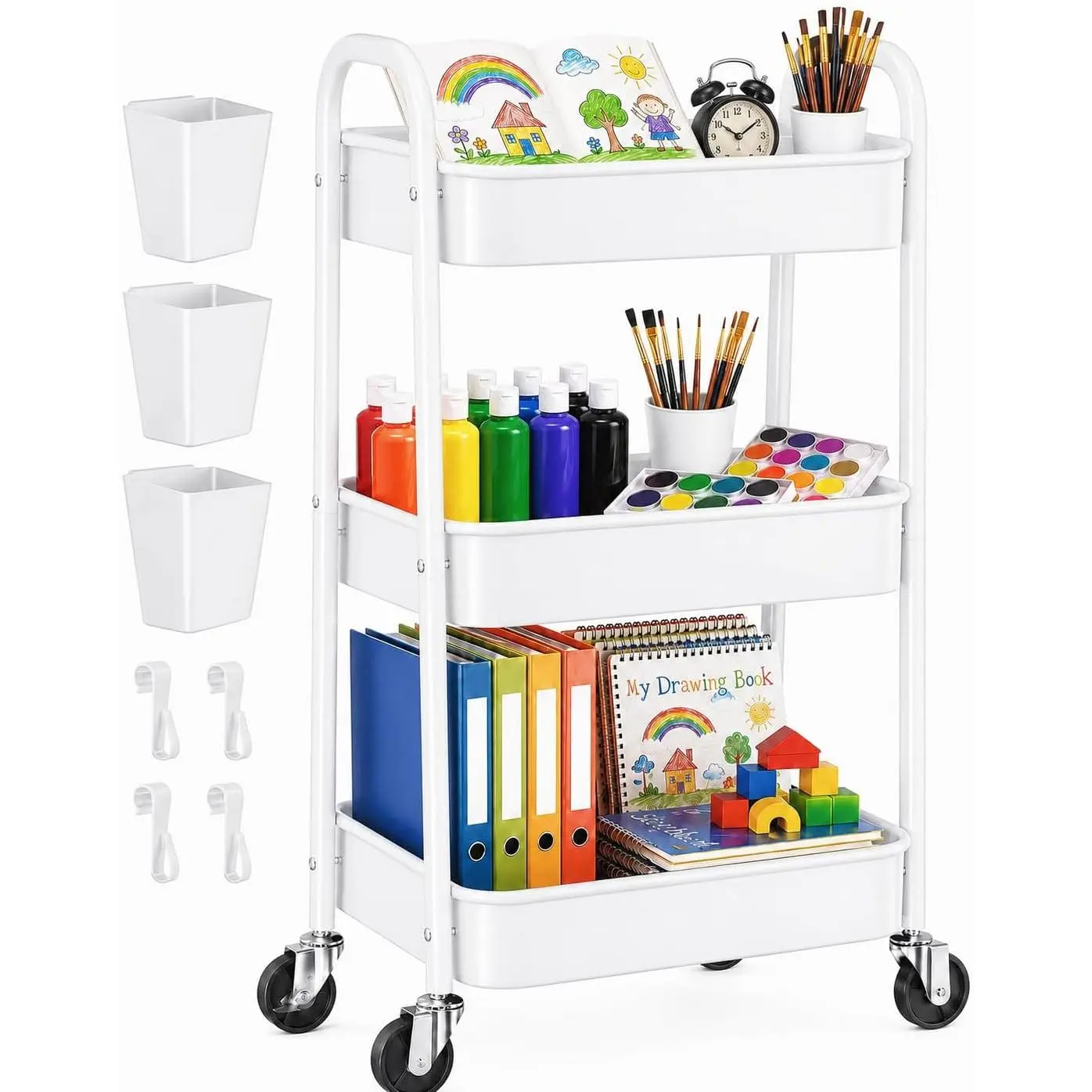 3 Tier Rolling Storage Cart with Wheels,White Metal Bedside Cart for  Essentials, Utility Roller Carts Organzier  Wheels, Three Tiered Shelf for Snack, Art, Cleaning, Craft, Book, Diaper
