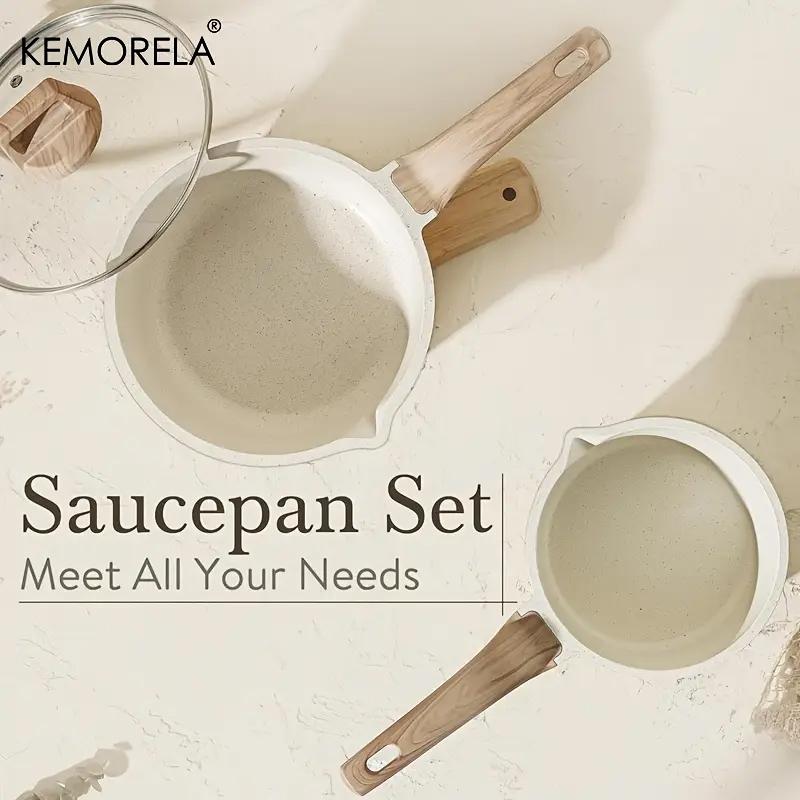 1Count Non-Stick Saucepan Set with Lid - Induction Compatible, PFOA-Free, Easy to Clean, Pour Spout, Light Beige with Wooden Handles, Ideal for Small Kitchen Cooking, Kitchen Essentials|Minimalist Kitchenware|Durable Cookware, Induction Cookware Sets