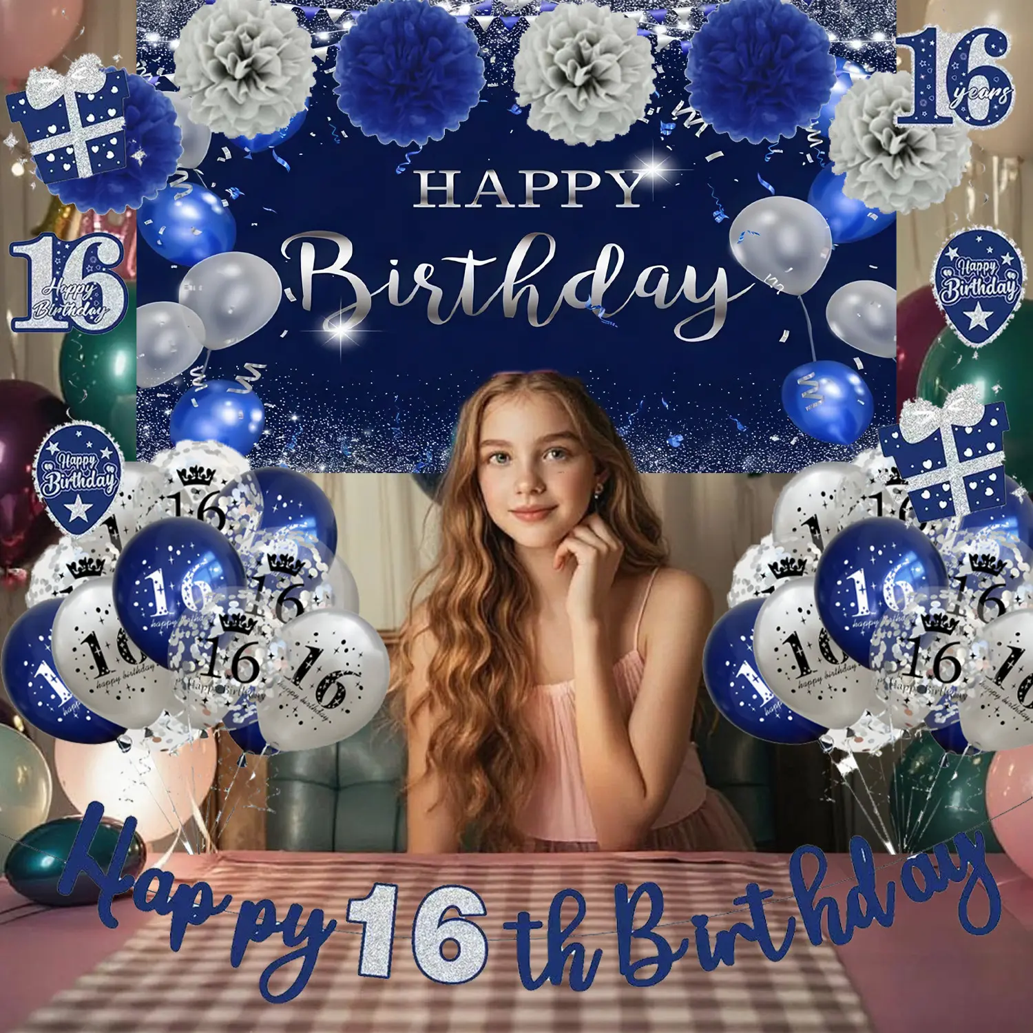 "16th Birthday Decorations Set - Blue & Silver 'Happy 16th Birthday’ Banner, Foil Number Balloons (16), Pom Poms, Confetti Balloons, Glitter Backdrop, Gift - Themed Accents for Sweet 16 Party, Teen Birthday Celebration"