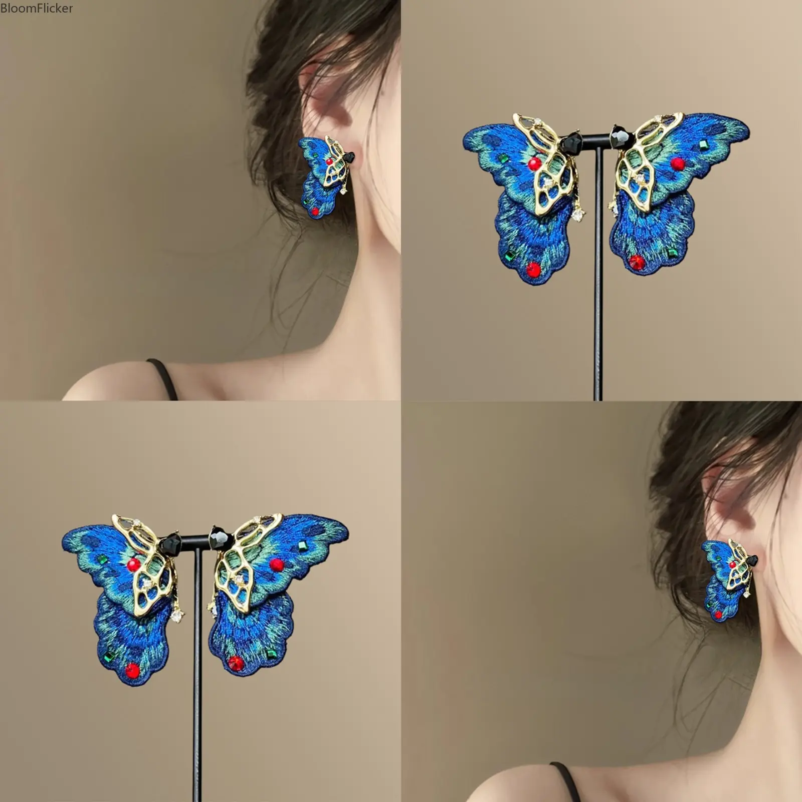 Dreamy Mist Blue Embroidered Butterfly Stud Earrings Classic Chinese Ethnic Luxury Unique Dainty Ear Jewelry For Women Hanfu Daily Party Vintage Outfit Decor