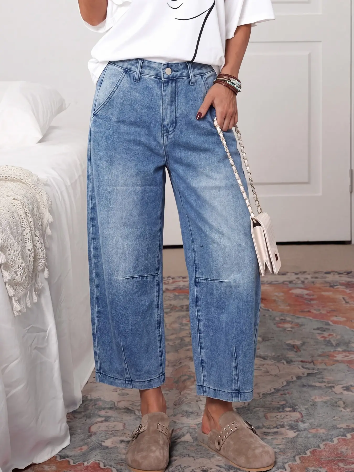 Women's Loose Fit Baggy Wide Leg Button Jeans Pants, Fashionable Casual Design, Straight Leg Button Front Denim Jeans, Perfect for Concerts and Outdoor Activities