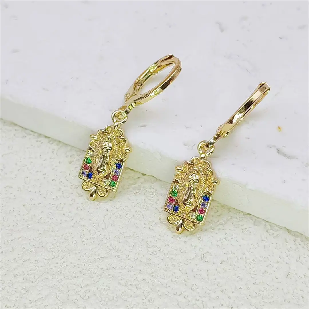 Women's Unisex Luxury Gold-Plated Virgin Mary Dangle Hoop Earrings - Multicolor Cubic Zirconia Enamel Tag Drop Ear Buckles, Elegant Catholic Religious Fine Jewelry for Religious Wear, 2cm×0.7cm