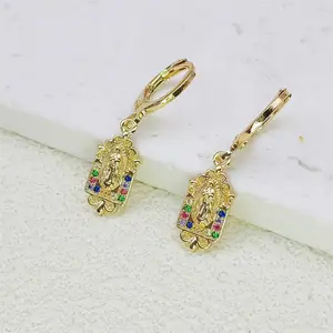 Luxury Gold Plated Virgin Mary Dangle Hoop Earrings, Multicolor Cubic Zirconia Enamel Tag Drop Ear Buckles, Elegant Catholic Religious Fine Jewelry For Women, Size 2cm×0.7cm