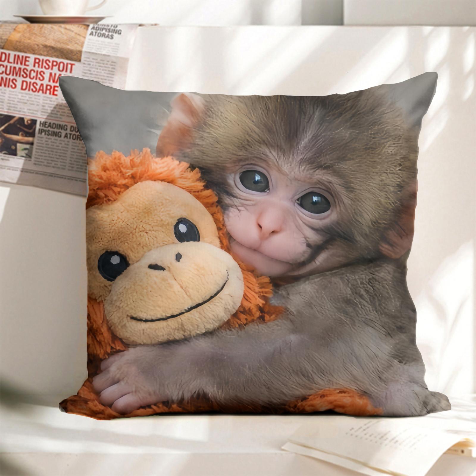 Punch Monkey pattern Throw Pillowcase,Emotional Support Animal Lover Gift,Baby Monkey Hugging Plush Monkey Cover Throw Pillow Single-sided printing Linen Material ,no pillow insert,Bedroom Sofa Decorations.