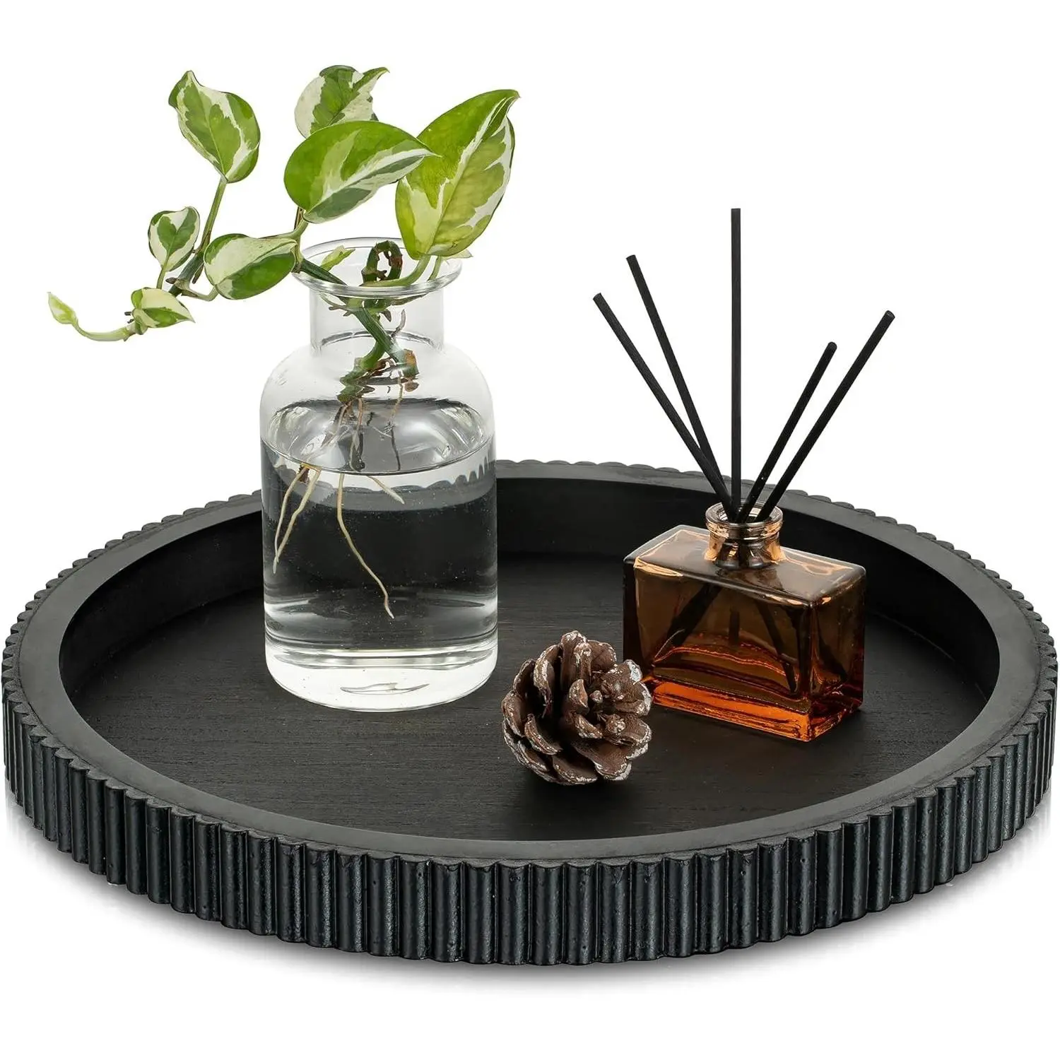 12" Round Black Farmhouse Hand-Finished Wood Decorative Tray, Fluted-Scalloped Edge Coffee Table Centerpiece, Ideal for Living Room, Entryway Table