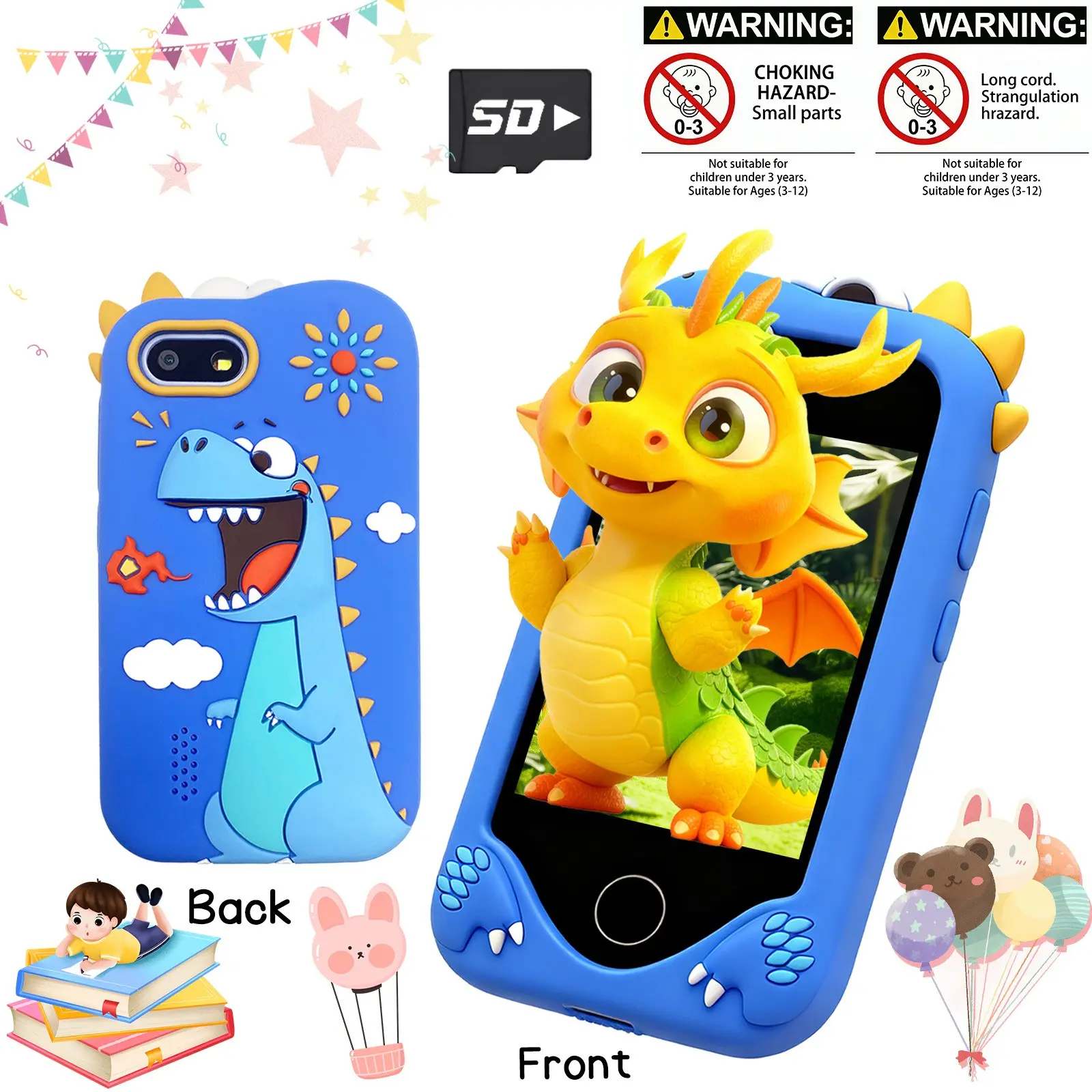 Kids Smart Phone Toy 2.8 Inch Touch Screen Dual Camera Games Music Player with SD Card Christmas Birthday Gift for 3-12 Boys Girls