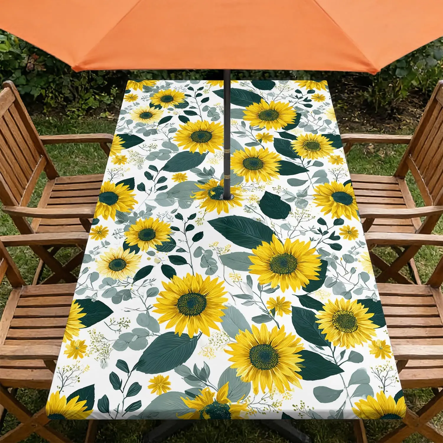 Rectangle Outdoor Tablecloth with Umbrella Hole and Zipper Waterproof Rectangle Fitted Tablecloth with Elastic Edge, Wipeable Outdoor Table Cover for Patio, Garden, Picnic 48" x 30"