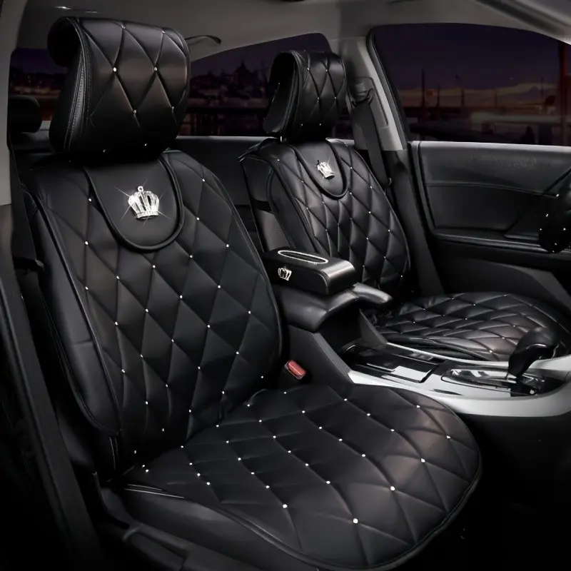 Car Front Seat Covers Set, Sparkling Rhinestones Crown Retro Luxury Leather, Universal Fit for Driver and Passenger Seats, Automotive Upholstery, Car Seat Accessories
