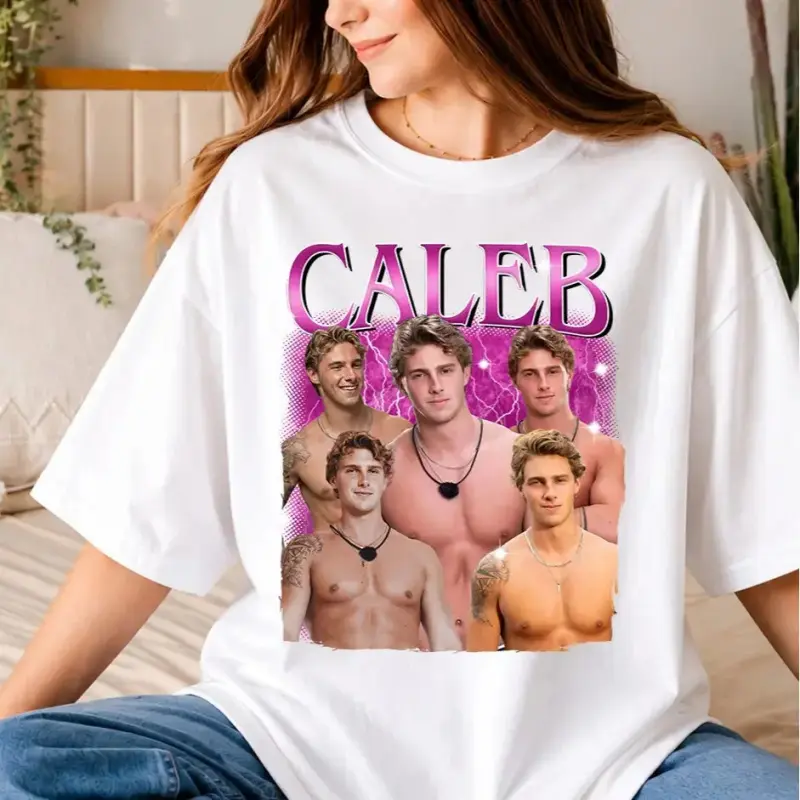 Unisex Oversized Caleb Fan Favorite Graphic T-Shirt, Love Island Inspired Vintage Casual Streetwear Top for Women, Sports & Outdoor Apparel, Tshirt, Round Neck, Lightweight Cotton, Short Sleeve, Vintage Print, Retro Texture, Short Sleeves, Oversized Fit,,