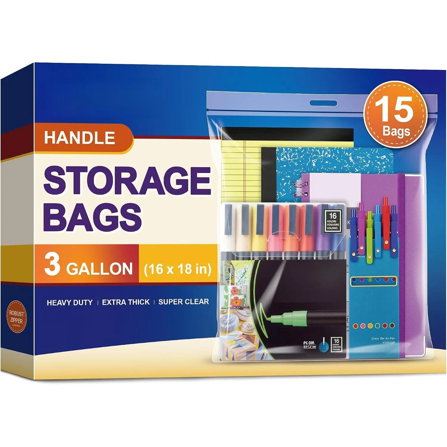 3 Gallon  Zipper Bag | 16” x 18”, Clear Plastic Storage Bag with Handle for Clothes, Moving, Travel, 2mil Thick, 15 count
