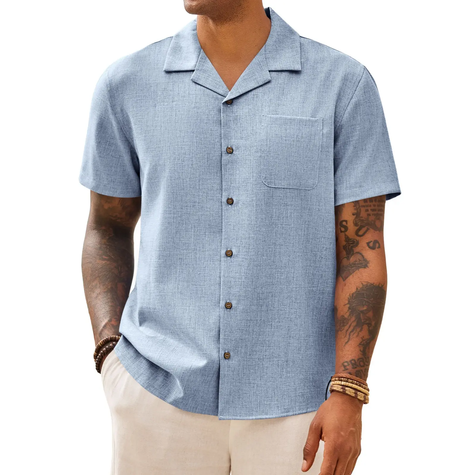 Aoysky Menswear Button Up Top - Short Sleeve Cuban Casual Plain Shirt, Summer Beach Vacation Wedding Top with Pocket