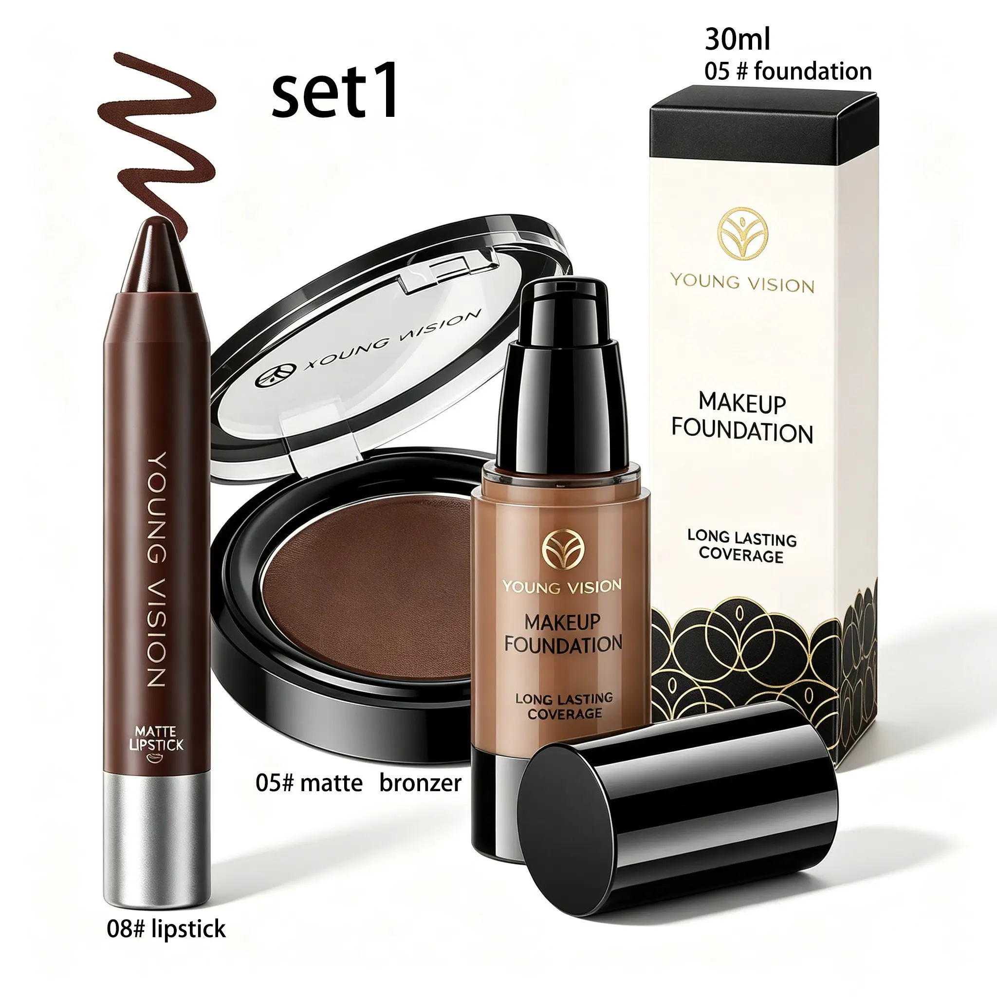 YOUNG VISION  Bronze Makeup Set, Long-Lasting Coverage Foundation, Matte Lipstick Pen, Frosted Contour Powder, Bold European Makeup Kit